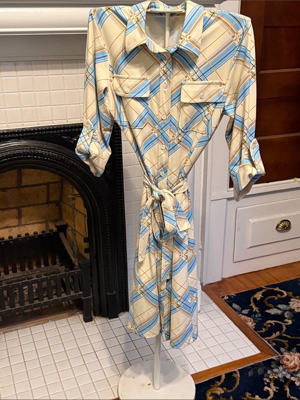 J. McLaughlin Plaid Shirt Midi Dress in Cream and Light Blue- worn a few times